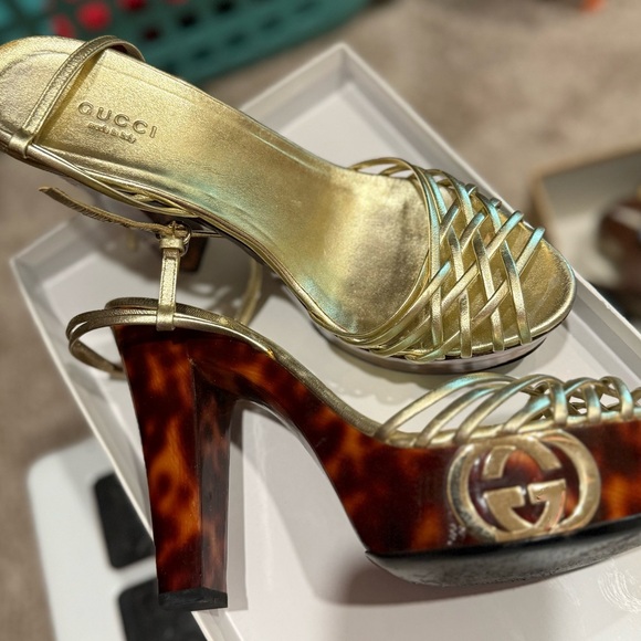 Gucci Gold and Brown High Heels with Tortoiseshell Heels Accent - Picture 1 of 7